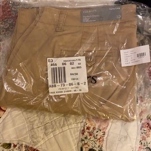 Tan khaki pants, long curvy, straight leg